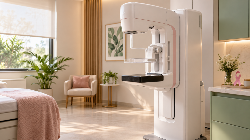 Equipamento de mamografia digital em sala de exames moderna, com laço rosa ao fundo