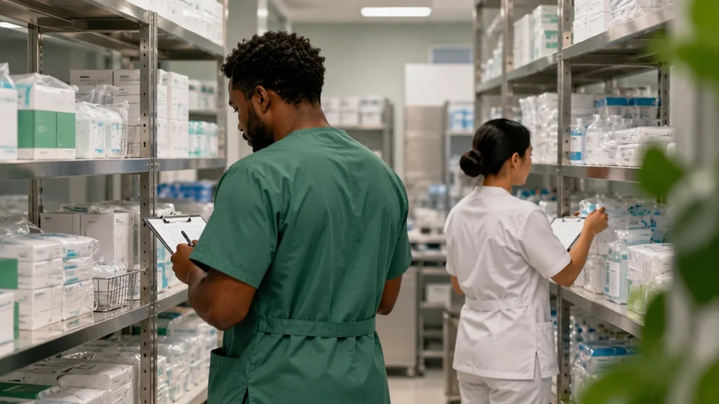 Profissionais conferem estoque e lotes de dispositivos médicos suspensos em almoxarifado clínico organizado.
