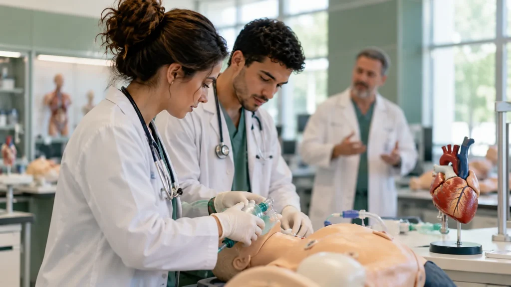 Estudantes de medicina em ambiente de ensino prático, representando as avaliações do Enamed em 2026
