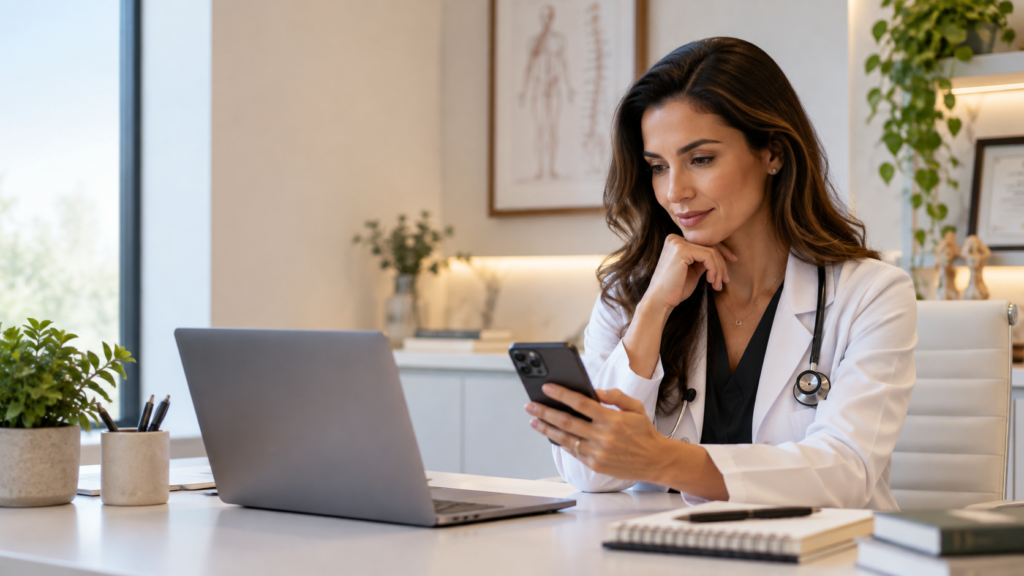 Médica utilizando smartphone e notebook em consultório, representando publicidade médica nas redes sociais