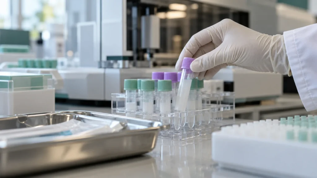 Teste DNA-HPV: mão com luva posiciona tubo de amostra em laboratório de análises clínicas
